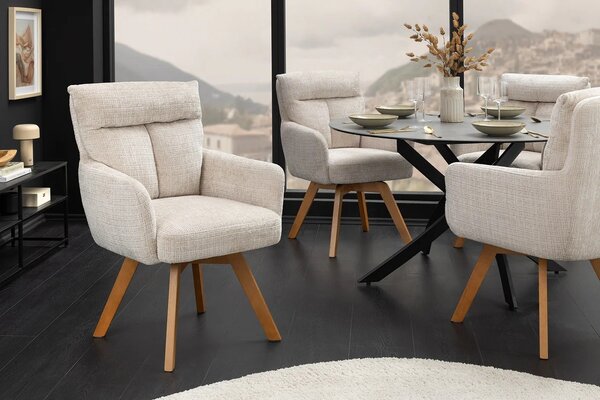 Designová skandinávská otočná jídelní židle Dover s béžovým žinylkovým potahem a hnědým dřevěnýma nohama 61 cm