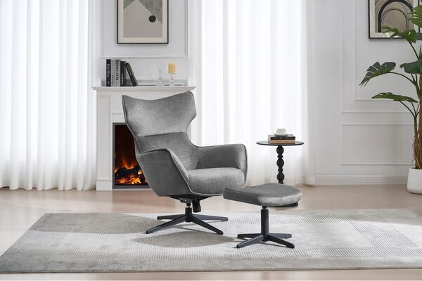 Moderní designová otočná podnožka Krespa s šedým sametovým potahem a černou kovovou nohou 45 cm
