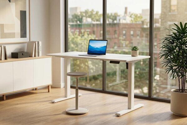 Moderní designový psací stůl Vancouver s výškově nastavitelnou melaminovou deskou v bílé barvě 140 cm