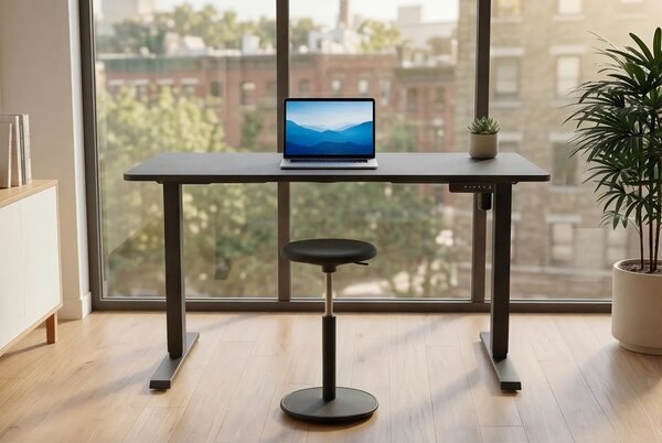 Moderní černý psací stůl Vancouver s výškově nastavitelnými kovovými nohami a melaminovou deskou 140 cm