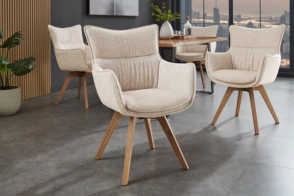Designová skandinávská otočná jídelní židle Krespa s béžovým potahem a hnědým dubovým nohama 58 cm
