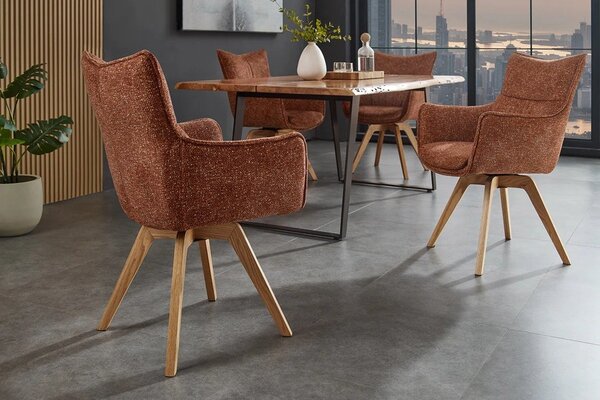 Designová moderní otočná jídelní židle Krespa s bočními opěrkami a melírovaným potahem v rezavé červené barvě 58 cm