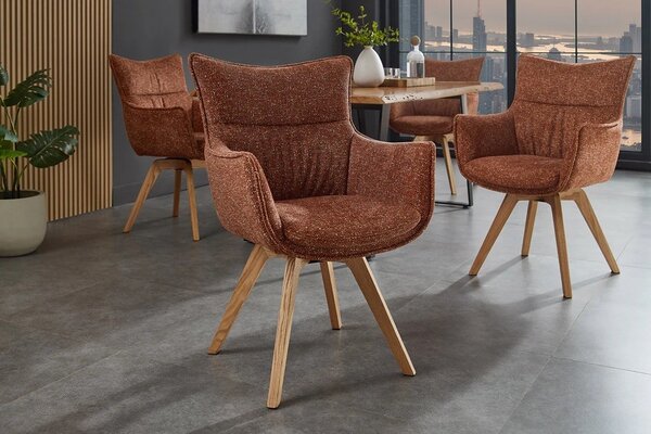 Designová moderní otočná jídelní židle Krespa s bočními opěrkami a melírovaným potahem v rezavé červené barvě 58 cm