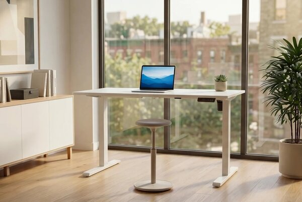 Moderní designový psací stůl Vancouver s výškově nastavitelnou melaminovou deskou v bílé barvě 140 cm