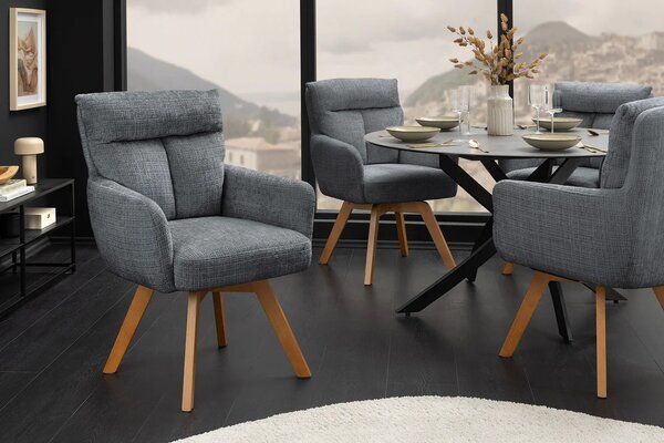 Moderní designová šedá jídelní židle Dover s otočným sedátkem s opěrkami a žinylkovým potahem s hnědýma nohama 61 cm