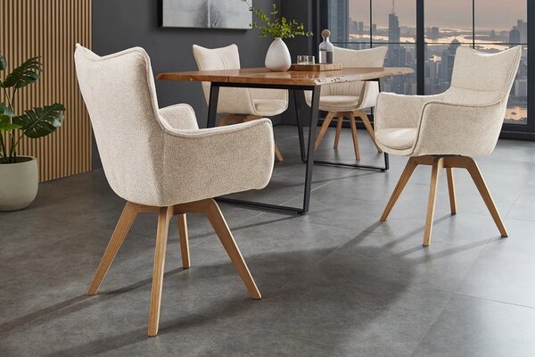 Designová skandinávská otočná jídelní židle Krespa s béžovým potahem a hnědým dubovým nohama 58 cm