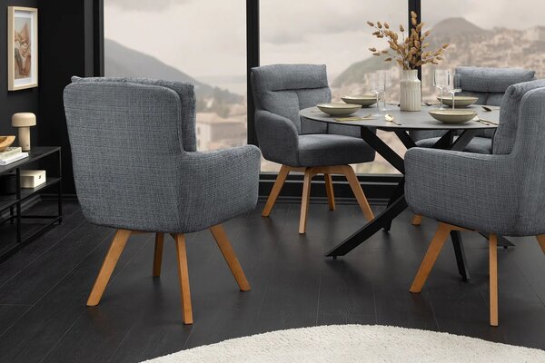 Moderní designová šedá jídelní židle Dover s otočným sedátkem s opěrkami a žinylkovým potahem s hnědýma nohama 61 cm