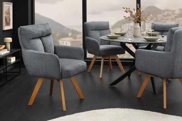 Moderní designová šedá jídelní židle Dover s otočným sedátkem s opěrkami a žinylkovým potahem s hnědýma nohama 61 cm