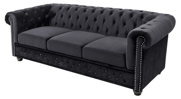 Designová sametová černá třímístná sedačka Maya s chesterfield prošíváním s kulatými černými nožičkami 205 cm