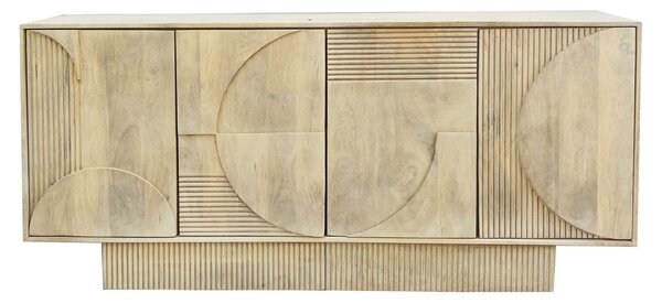 Moderní art deco světlý hnědý příborník Sonia z běleného mangového dřeva se čtyřmi dvířky s geometrickým reliéfem 170 cm