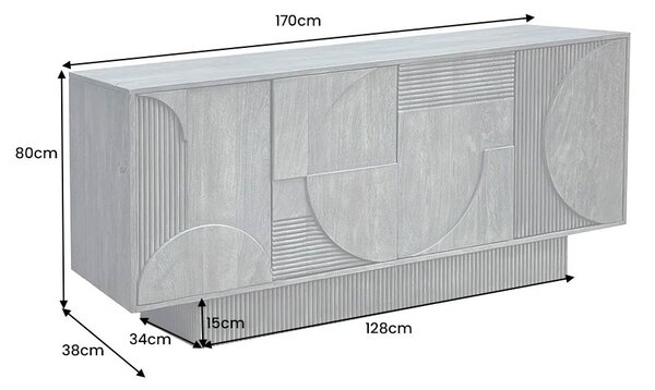 Moderní art deco světlý hnědý příborník Sonia z běleného mangového dřeva se čtyřmi dvířky s geometrickým reliéfem 170 cm