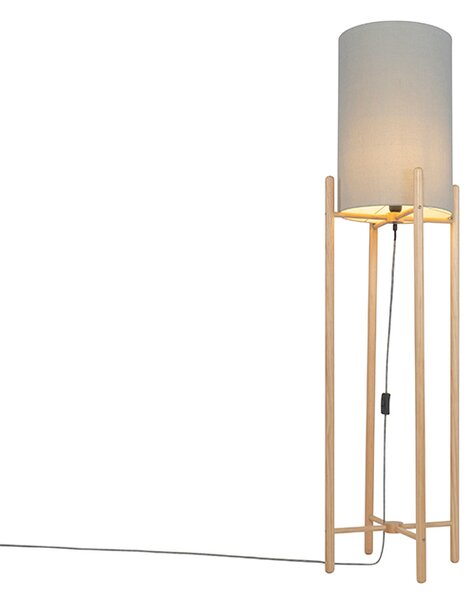 Venkovská stojací lampa dřevo se šedým odstínem - Lengi