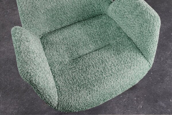 Designová zelená bouclé jídelní židle Gothenborg s nízkými bočními opěrkami a dubovými nožičkami 85 cm