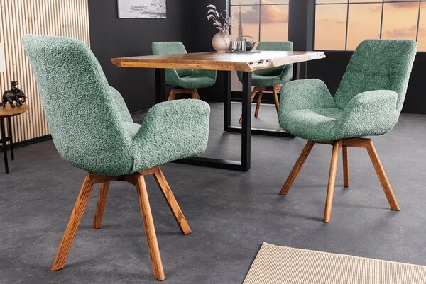Designová zelená bouclé jídelní židle Gothenborg s nízkými bočními opěrkami a dubovými nožičkami 85 cm