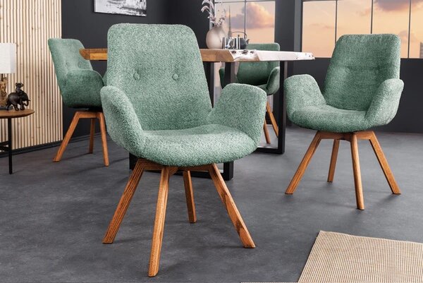 Designová zelená bouclé jídelní židle Gothenborg s nízkými bočními opěrkami a dubovými nožičkami 85 cm