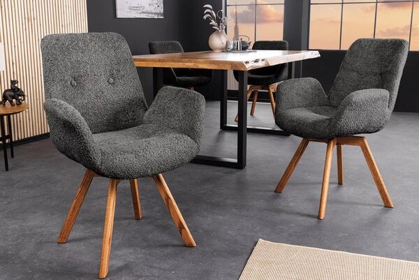 Designová moderní otočná jídelní židle Gothenborg s šedým buklé čalouněním a hnědým dubovým nohama 61 cm