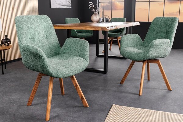 Designová zelená bouclé jídelní židle Gothenborg s nízkými bočními opěrkami a dubovými nožičkami 85 cm