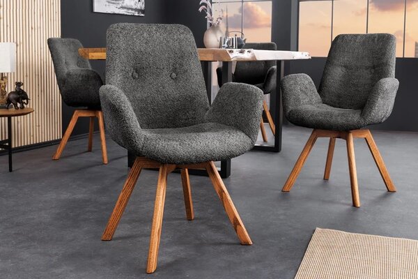 Designová moderní otočná jídelní židle Gothenborg s šedým buklé čalouněním a hnědým dubovým nohama 61 cm