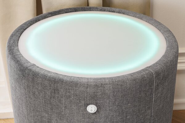 Art deco designový noční stolek Aluro se dvěma šuplíky s šedým sametovým potahem a kulatou bílou deskou s podvícením 55 cm