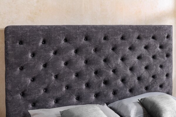 Moderní čalouněná manželská postel Kreon s úložným prostorem a šedým sametovým potahem s chesterfield prošíváním 180 cm