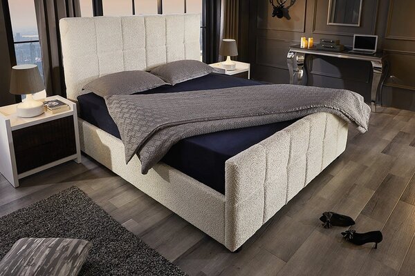 Designová art deco manželská postel Zenni s buklé potahem v krémové barvě se čtvercovým prošíváním a úložným prostorem 190 cm