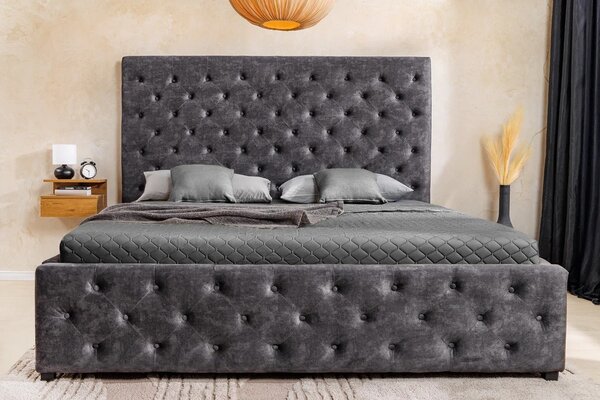Moderní čalouněná manželská postel Kreon s úložným prostorem a šedým sametovým potahem s chesterfield prošíváním 180 cm