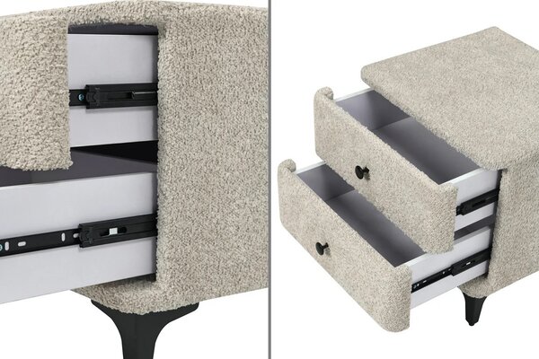 Designový art deco čtvercový buklé noční stolek Lanc v šedé barvě se dvěma zásuvkami s černými úchyty a kovovými nohama 45 cm