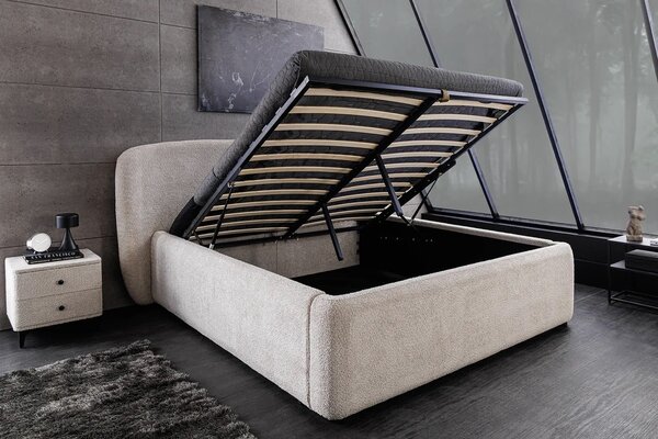Designová art deco šedá manželská postel Lanc s potahem z buklé s úložným prostorem a výklopným roštem 210 cm