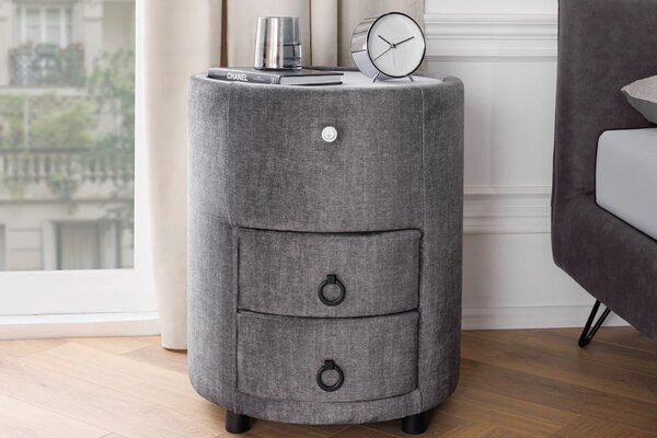 Art deco designový noční stolek Aluro se dvěma šuplíky s šedým sametovým potahem a kulatou bílou deskou s podvícením 55 cm
