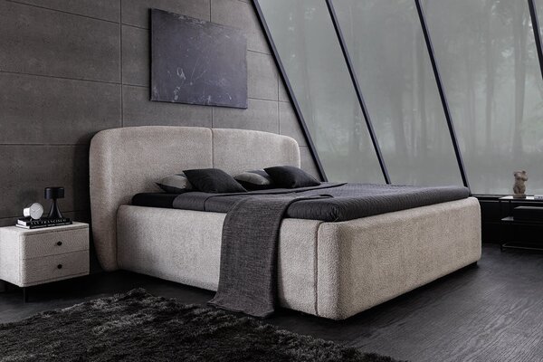 Designová art deco šedá manželská postel Lanc s potahem z buklé s úložným prostorem a výklopným roštem 210 cm