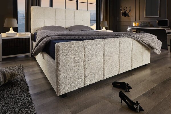 Designová art deco manželská postel Zenni s buklé potahem v krémové barvě se čtvercovým prošíváním a úložným prostorem 190 cm