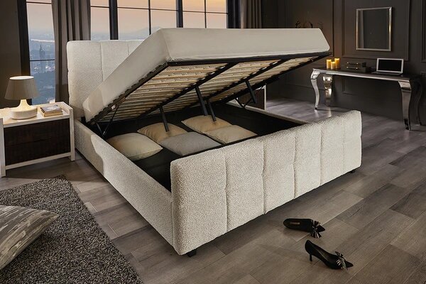 Designová art deco manželská postel Zenni s buklé potahem v krémové barvě se čtvercovým prošíváním a úložným prostorem 190 cm