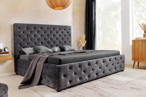 Moderní čalouněná manželská postel Kreon s úložným prostorem a šedým sametovým potahem s chesterfield prošíváním 180 cm