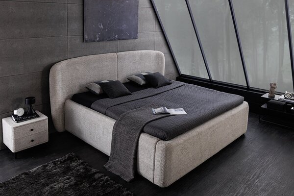 Designová art deco šedá manželská postel Lanc s potahem z buklé s úložným prostorem a výklopným roštem 210 cm
