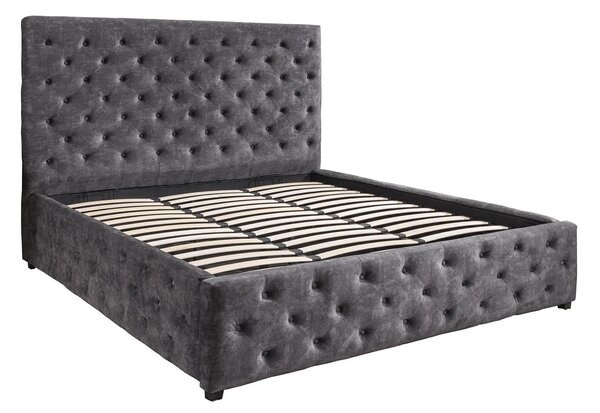 Moderní tmavá šedá sametová manželská postel Kreon s úložným prostorem a prošíváním s knoflíky v chesterfield stylu 200 cm