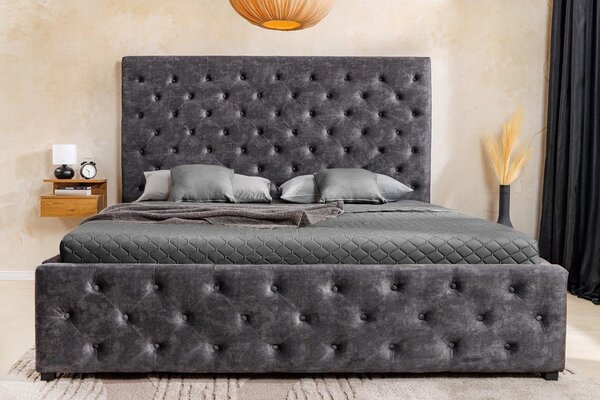 Moderní tmavá šedá sametová manželská postel Kreon s úložným prostorem a prošíváním s knoflíky v chesterfield stylu 200 cm