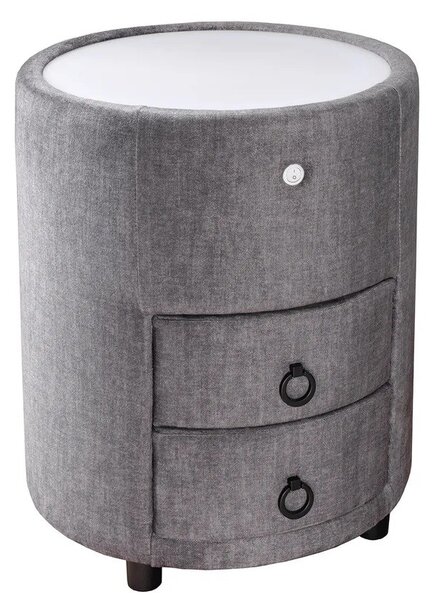 Art deco designový noční stolek Aluro se dvěma šuplíky s šedým sametovým potahem a kulatou bílou deskou s podvícením 55 cm