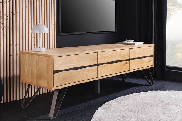 Moderní designový TV stolek Andala se třemi dvířky ve světlém hnědém dubovém provedení s černými detaily 160 cm
