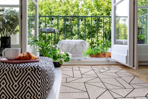 Koberec SIZAL FLOORLUX 20605 geometrický trojúhelník - stříbrný / černý