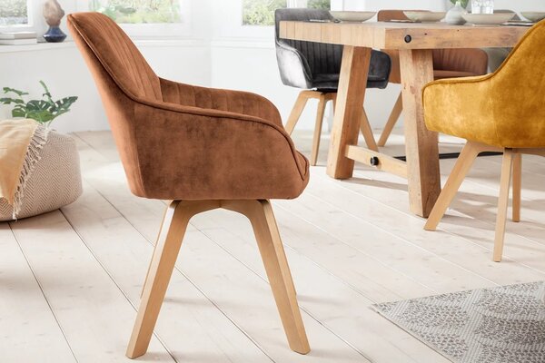 Moderní designová otočná jídelní židle Caballet s opěrkami na ruce s hnědým sametovým potahem a bukovýma nohama 62 cm