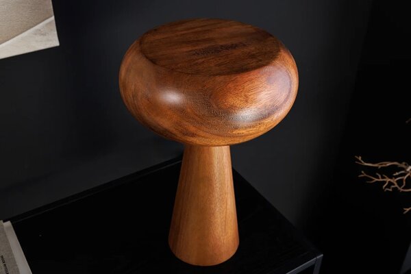 Designová kulatá masivní stolní lampa Fungi z akáciového dřeva v hnědé barvě s oblým stínítkem a kuželovou podstavou 37 cm