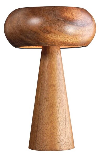 Designová kulatá masivní stolní lampa Fungi z akáciového dřeva v hnědé barvě s oblým stínítkem a kuželovou podstavou 37 cm