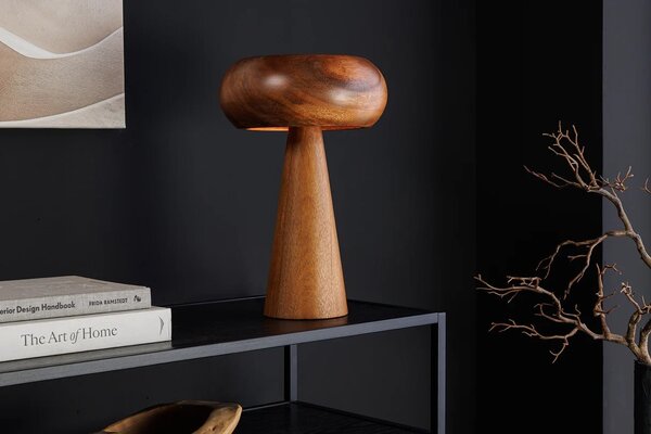 Designová kulatá masivní stolní lampa Fungi z akáciového dřeva v hnědé barvě s oblým stínítkem a kuželovou podstavou 37 cm