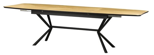 Moderní rozkládací obdélníkový jídelní stůl Arkline s dubovou hnědou deskou se šípkovým vzorem a černou podstavou 180-270 cm