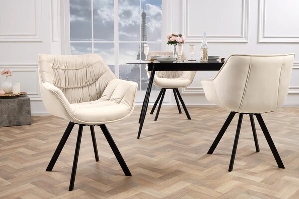 Designová sametová otočná jídelní židle Monzana v šampaňské béžové barvě s černými kovovými nožičkami 80 cm