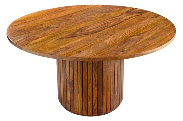 Art deco masivní kulatý jídelní stůl Gire v hnědé barvě s válcovou nohou s lakovaným povrchem 140 cm