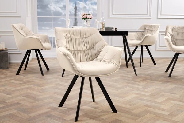 Designová sametová otočná jídelní židle Monzana v šampaňské béžové barvě s černými kovovými nožičkami 80 cm