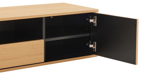 Skandinávský dvoudveřový obdélníkový závěsný TV stolek Attica s dubovým hnědým vzhledem se zásuvkou a policí 150 cm