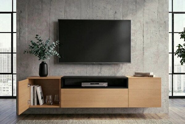 Moderní obdélníkový hnědý nástěnný dubový TV stolek Attica se dvěma dvířky a šuplíkem s policí v černé barvě 160 cm