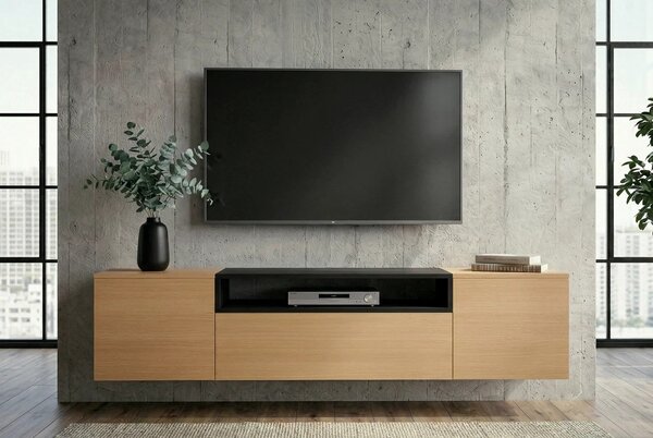 Moderní obdélníkový hnědý nástěnný dubový TV stolek Attica se dvěma dvířky a šuplíkem s policí v černé barvě 160 cm